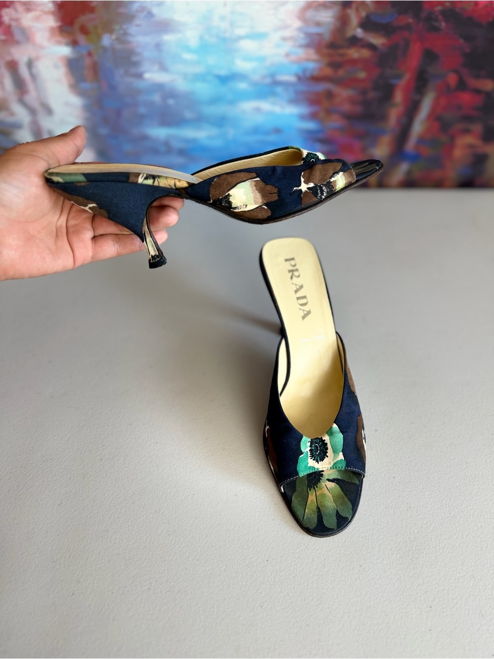 Prada Navy Floral Open-Toe Kitten Heel Mules with Green Accents